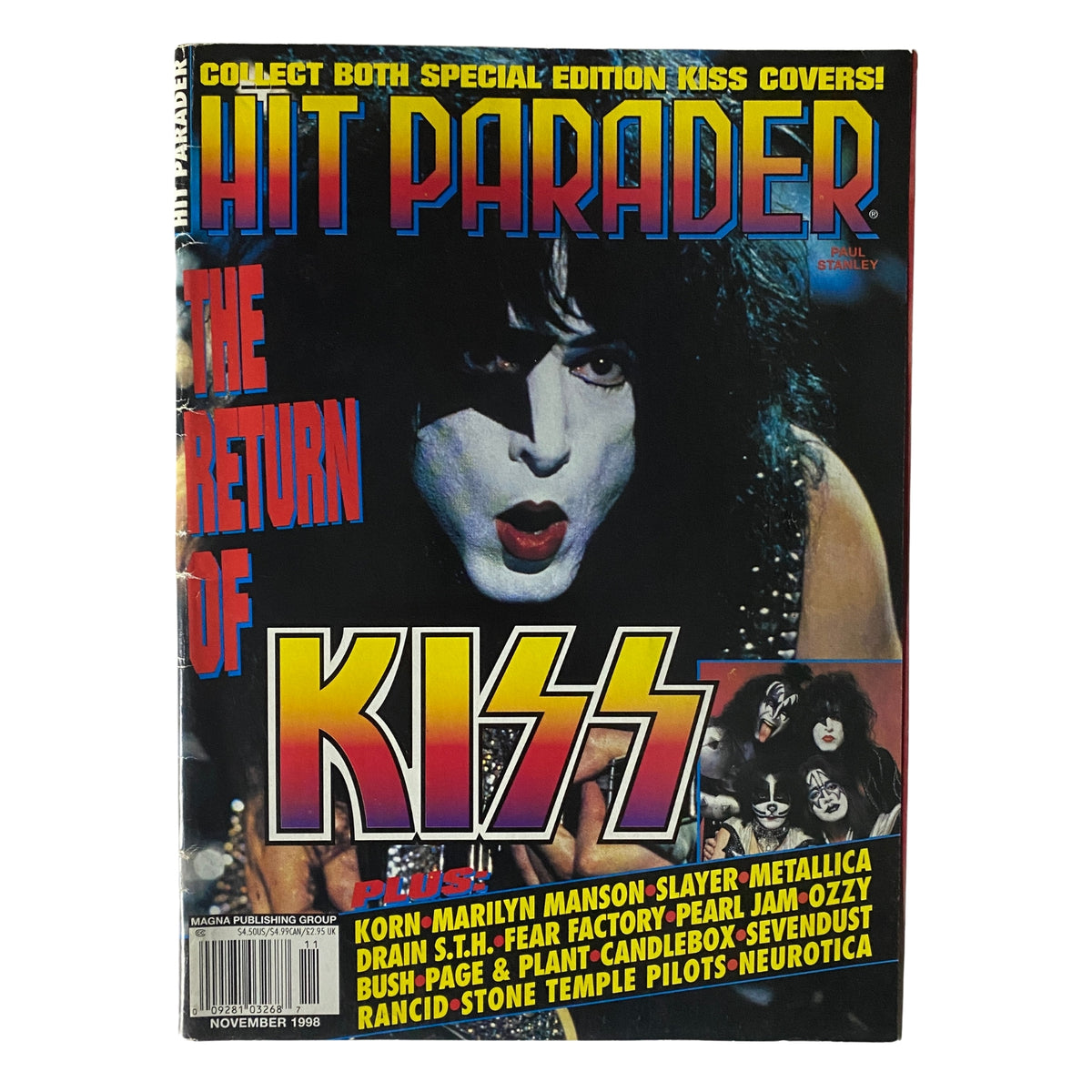 Hit Parader Magazine November 1998 featuring Paul Stanley from KISS on the cover, showcasing the band's iconic rock legacy.