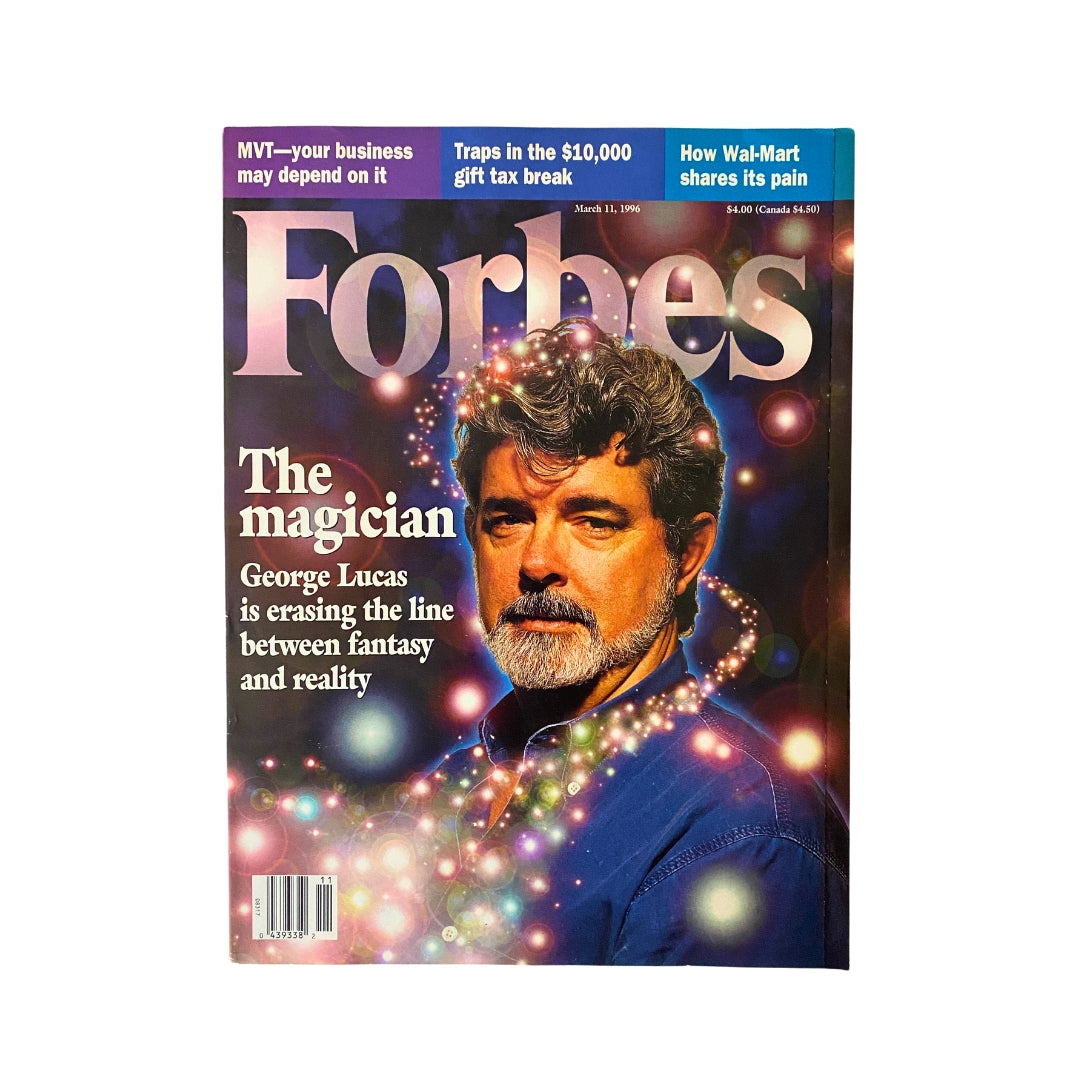 Forbes Magazine March 11, 1996 cover featuring George Lucas, titled 'The Magician,' showcasing his impact on the entertainment industry.