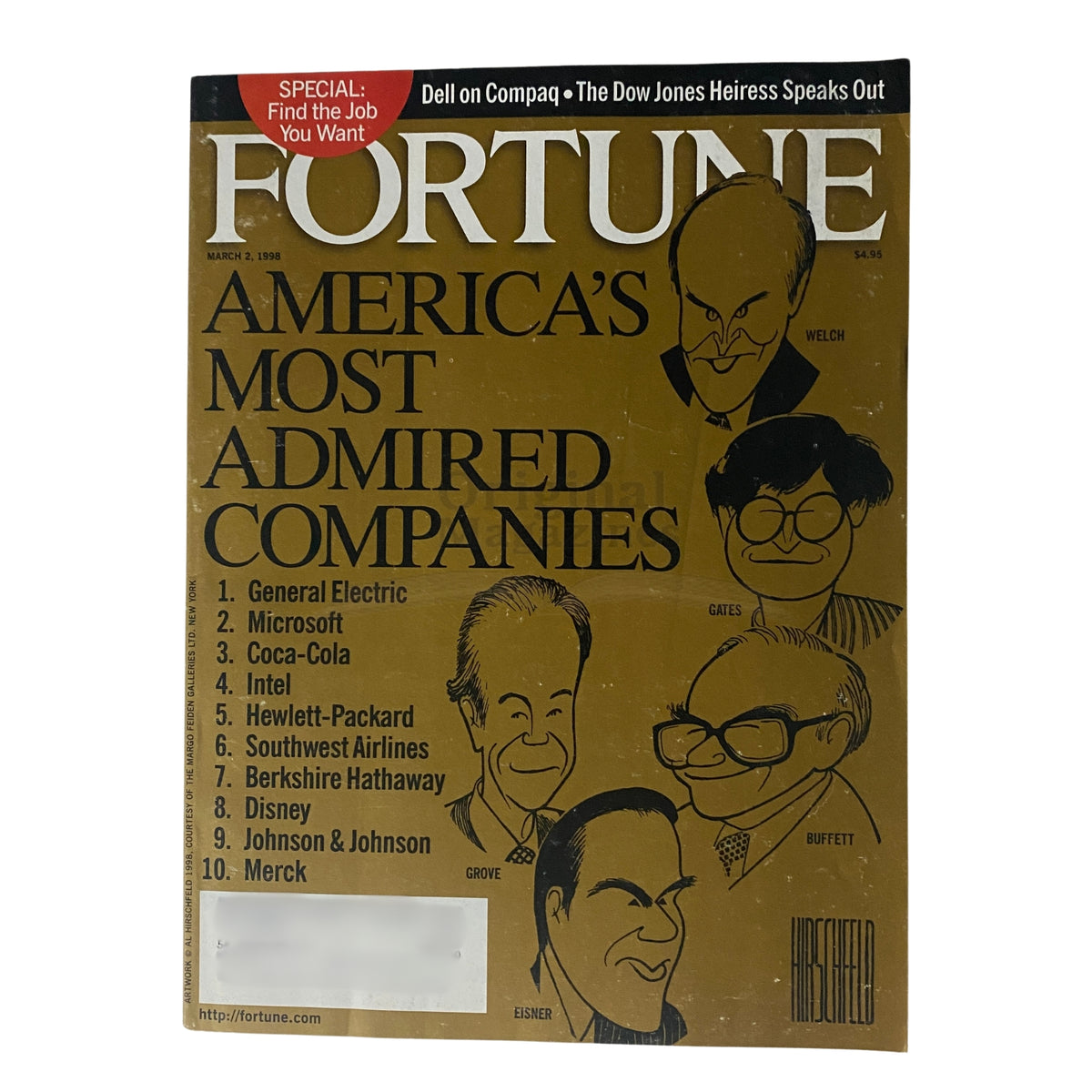 Cover of Fortune Magazine from March 2, 1998 featuring 'America's Most Admired Companies', showcasing prominent CEOs and top companies like General Electric and Microsoft.