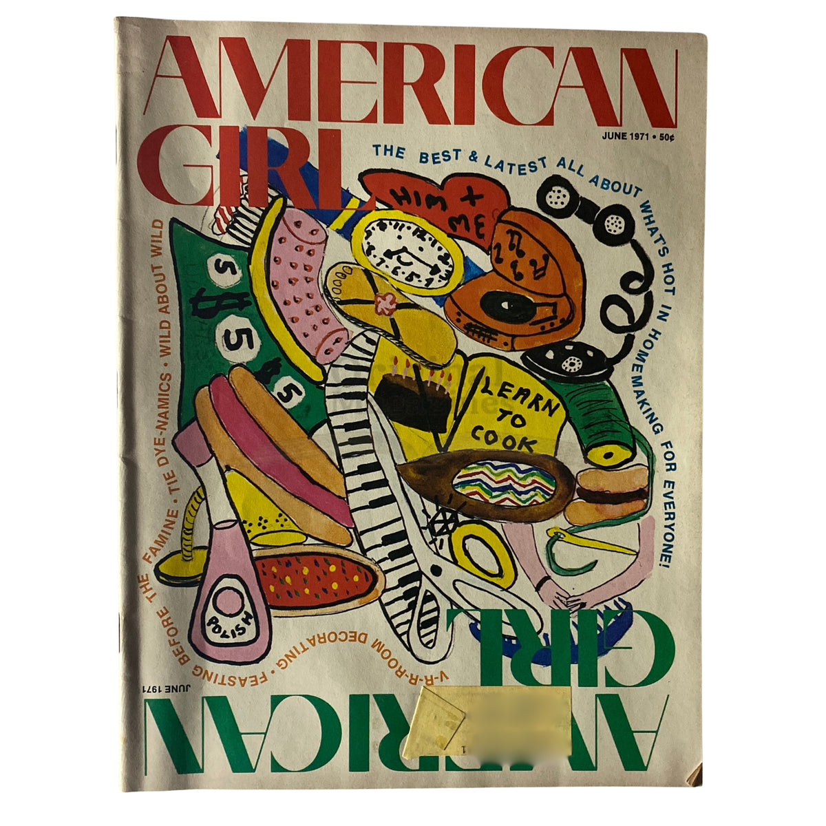 Cover of American Girl Magazine June 1971 featuring colorful illustrations related to homemaking and cooking, with the title 'A Feast Before Famine' by Susan Cooper prominently displayed.
