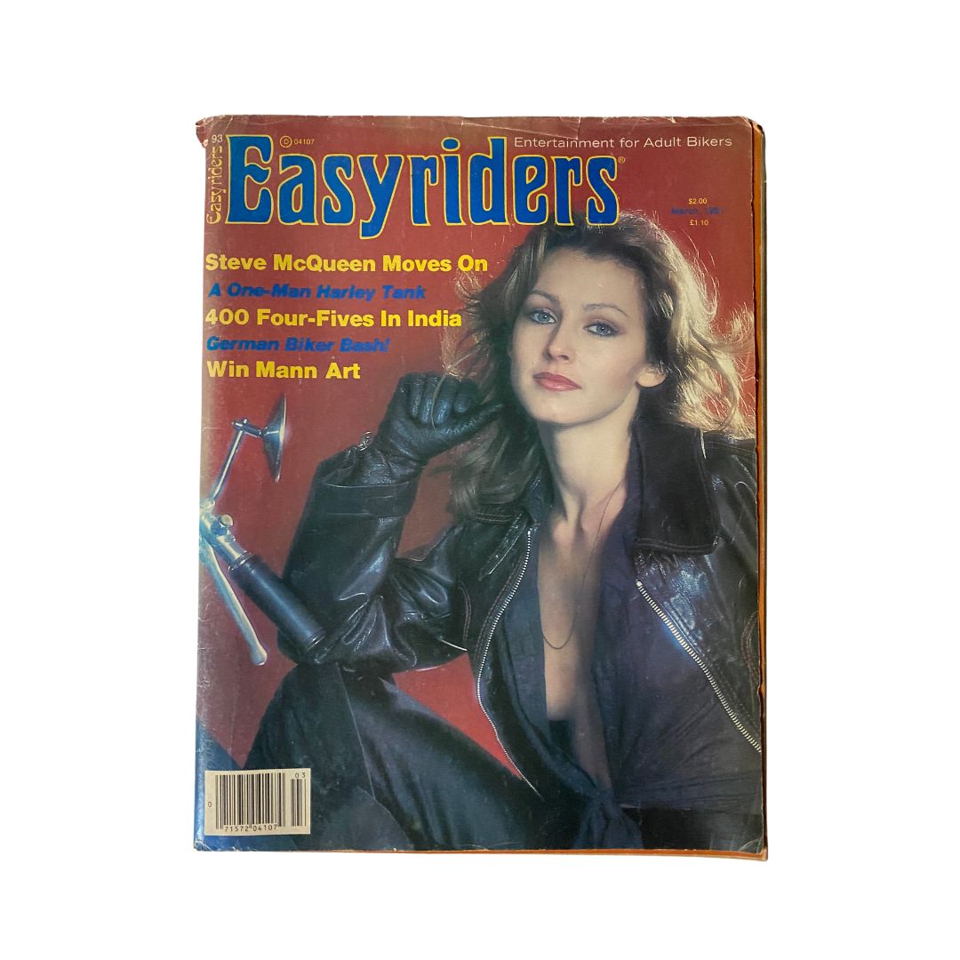 Cover of Easyriders Magazine March 1981 No. 93 featuring Steve McQueen, showcasing a stylish woman in a leather jacket, reflecting the motorcycle culture of the era.