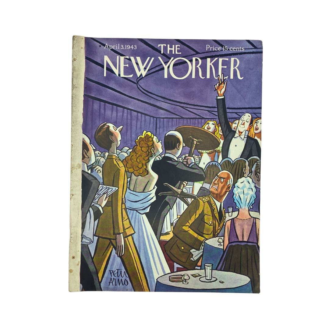 The New Yorker Complete Magazine April 3, 1943 featuring a colorful illustration by Peter Arno, depicting a lively social scene with elegantly dressed characters at a gathering.