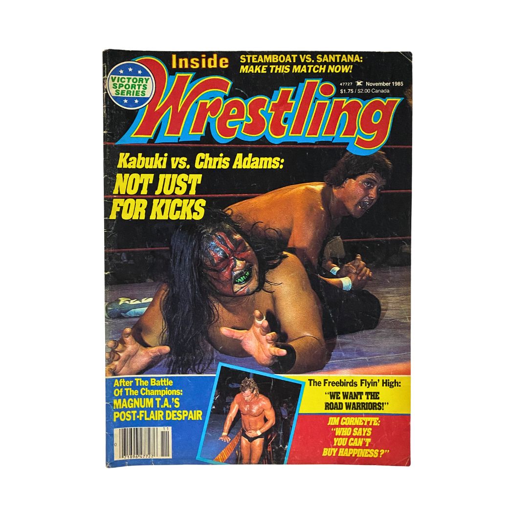 Cover of Inside Wrestling Magazine from November 1985 featuring the headline 'Kabuki vs. Chris Adams: Not Just for Kicks' with imagery highlighting a wrestling match.