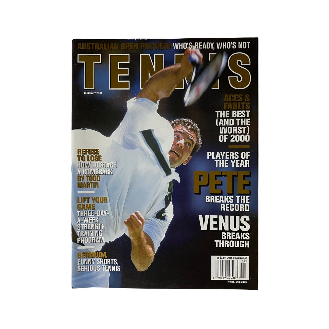 Tennis Magazine February 2001 cover featuring Pete Sampras, showcasing a pivotal moment in tennis history with a dynamic action shot and an iconic design.