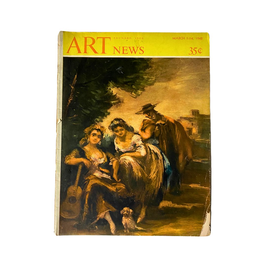 Cover of VTG Art News Magazine, March 1, 1942 featuring Lucas de Villamil's painting 'Chulapas' with historical context and artistic imagery.