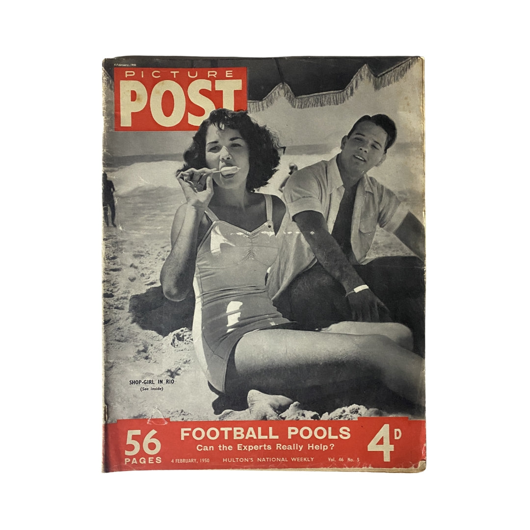 Cover of the VTG Picture Post Magazine from February 4, 1950 featuring the title 'Shop-Girl in Rio', showcasing a woman in a swimsuit on a beach with a bold red and white header.