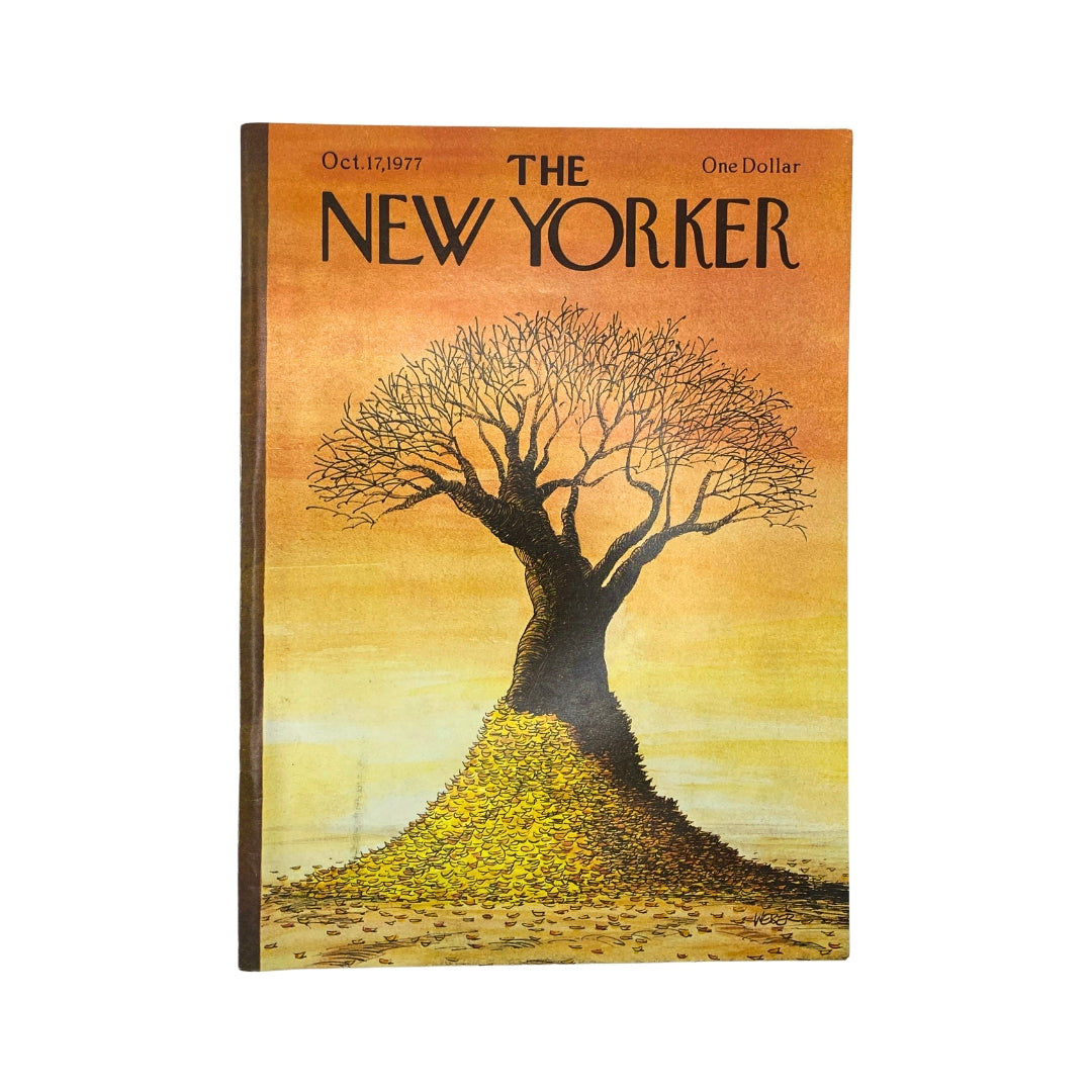 Cover of The New Yorker magazine from October 17, 1977, illustrated by Chris Weber, featuring a striking tree silhouette against a vibrant sunset. This vintage magazine is a collectible item.
