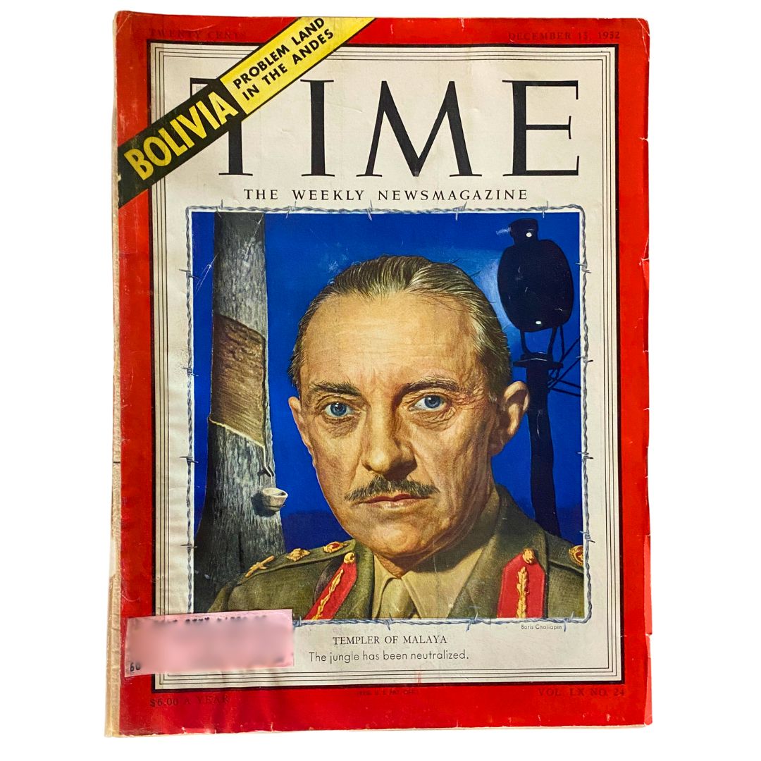VTG Time Magazine Cover - December 15, 1952 featuring British General Sir Gerald Templer, Volume 60, Number 24, showcasing historical themes and political insight.
