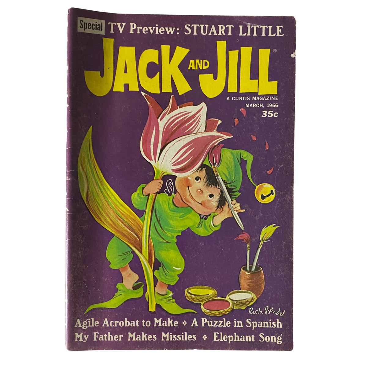 Cover of Jack and Jill Story Magazine March 1966 featuring a child painting a flower with additional articles like 'Agile Acrobat to Make' and 'A Puzzle in Spanish.'