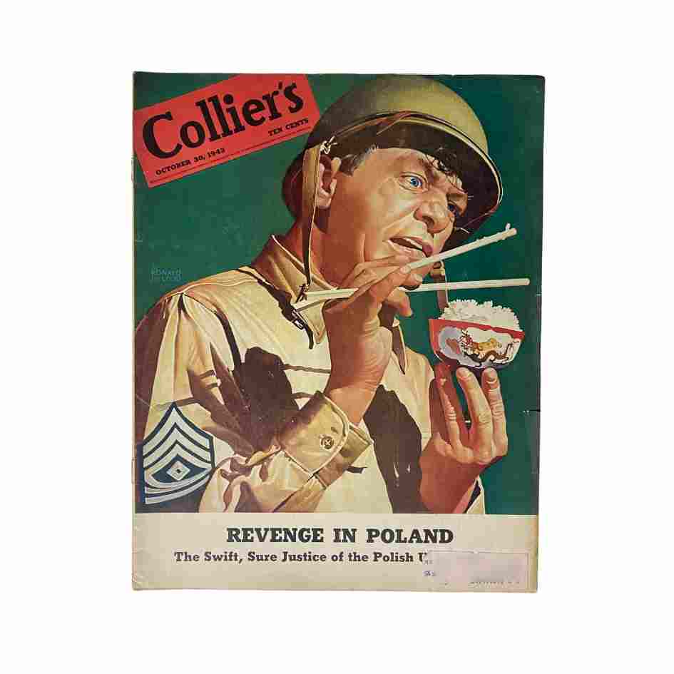 Cover of Collier's Magazine from October 30, 1943 featuring the title 'Revenge in Poland'. The cover depicts a soldier in uniform holding chopsticks over a bowl of rice, representing wartime themes and cultural reflections.