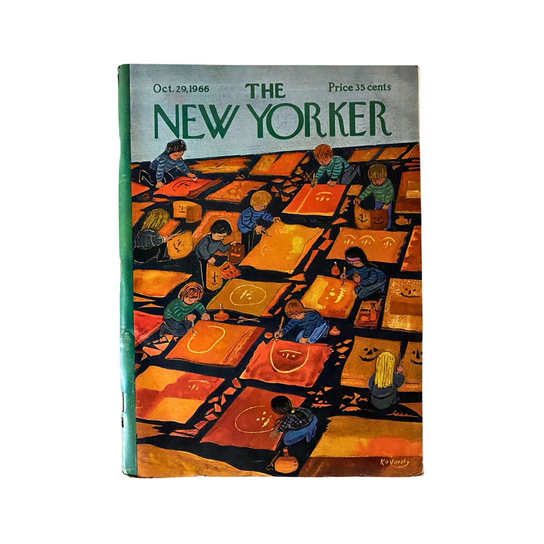 Cover of The New Yorker magazine dated October 29, 1966, featuring an illustration by Anatol Kovarsky depicting children carving pumpkins, with vibrant orange and green colors.