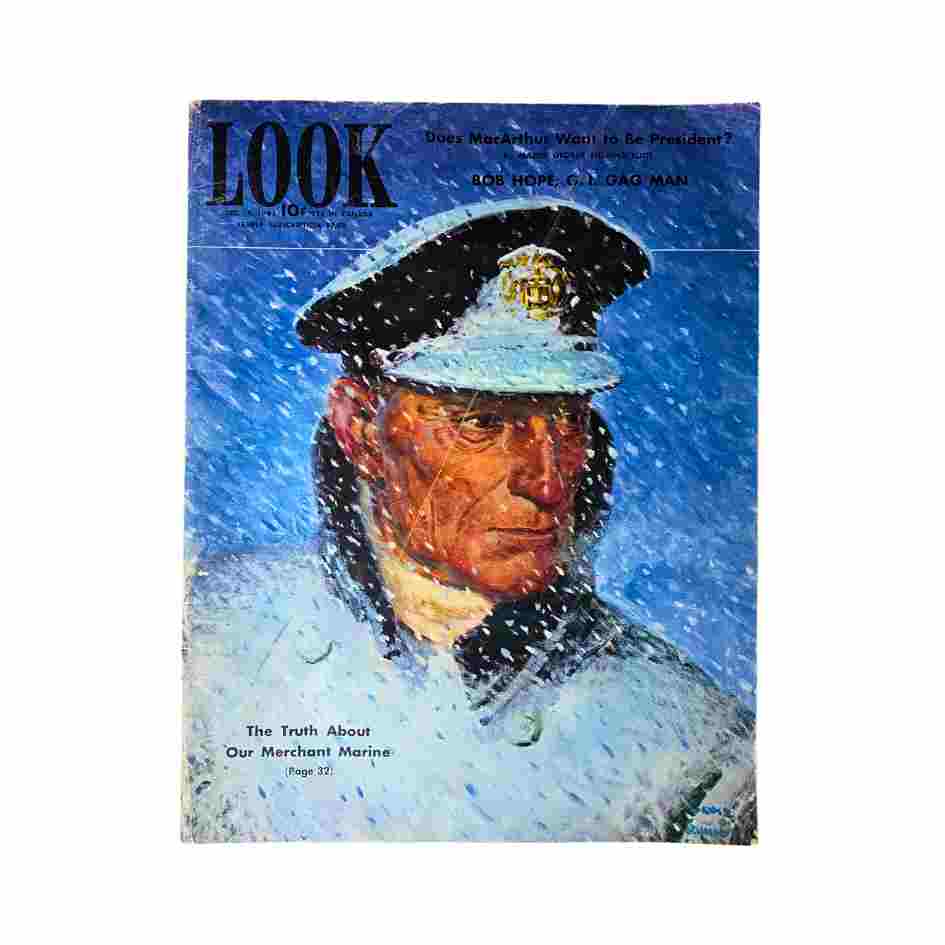 Cover of VTG Look Magazine from December 14, 1943 featuring the title 'The Truth About Our Merchant Marine', highlighting a military officer in the foreground with a snowy background.