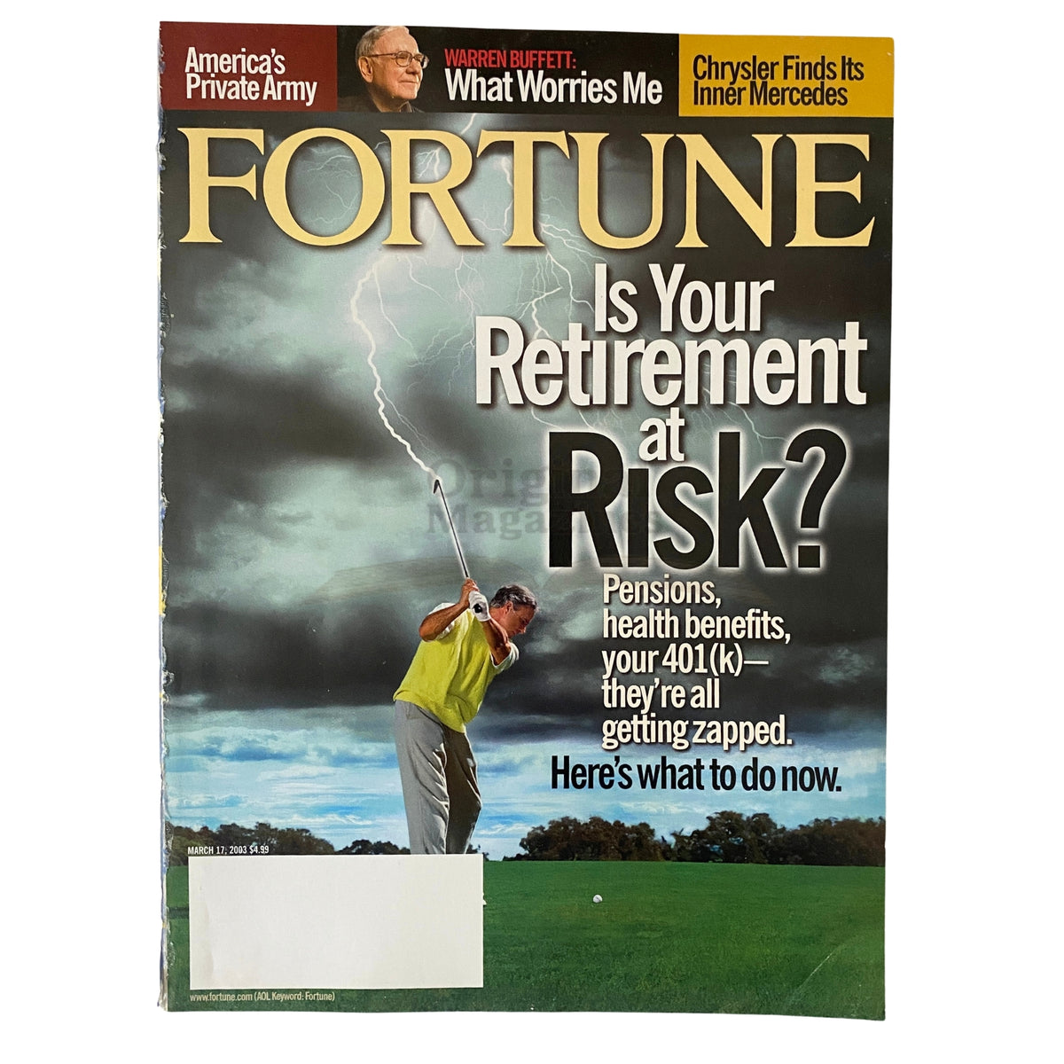 Fortune Magazine March 17, 2003 cover featuring the title 'Is Your Retirement at Risk?' with a golfer in a stormy background, discussing pensions and retirement concerns.