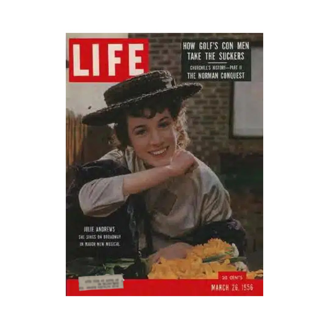 VTG Life Magazine March 26, 1956 featuring Julie Andrews in My Fair Lady, showcasing her iconic role with a vibrant cover image and details about Broadway performances.