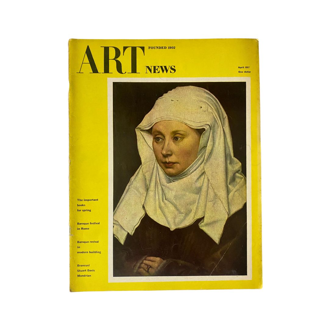 Cover of VTG Art News Magazine April 1957 featuring a portrait of a woman by the Master of Flémalle, surrounded by a vibrant yellow background, showcasing the timeless art piece.