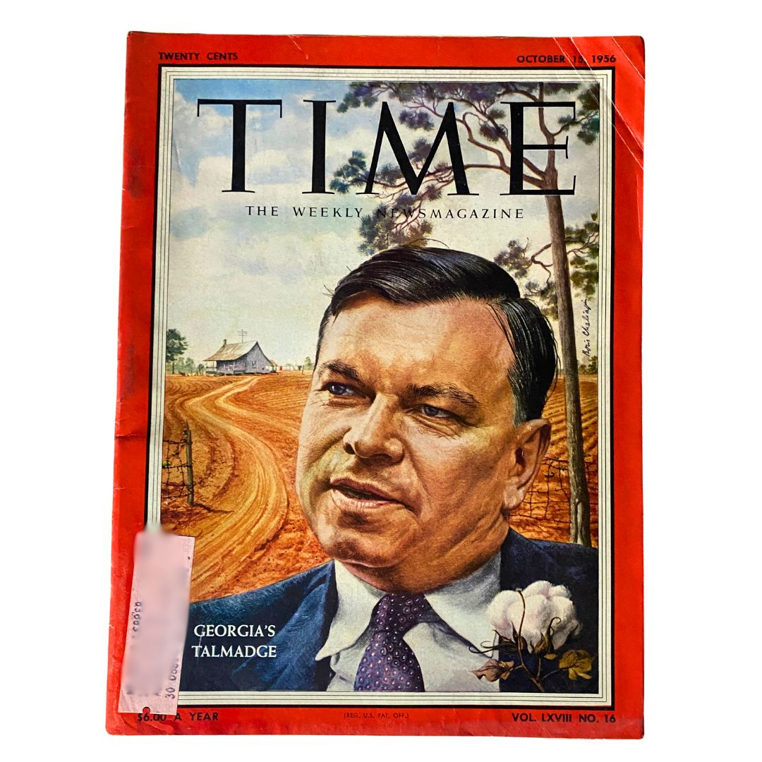 VTG Time Magazine October 15, 1956 Vol 68 No. 16 featuring Herman Talmadge, showcasing a portrait of the political figure against a backdrop of Georgia's rural landscape.