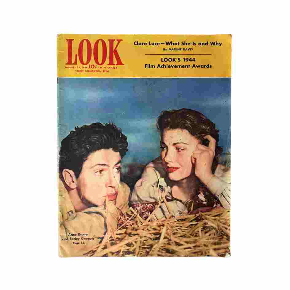 VTG Look Magazine January 25, 1944, featuring Anne Baxter and Farley Granger on the cover, showcasing the Film Achievement Awards and a vintage aesthetic.