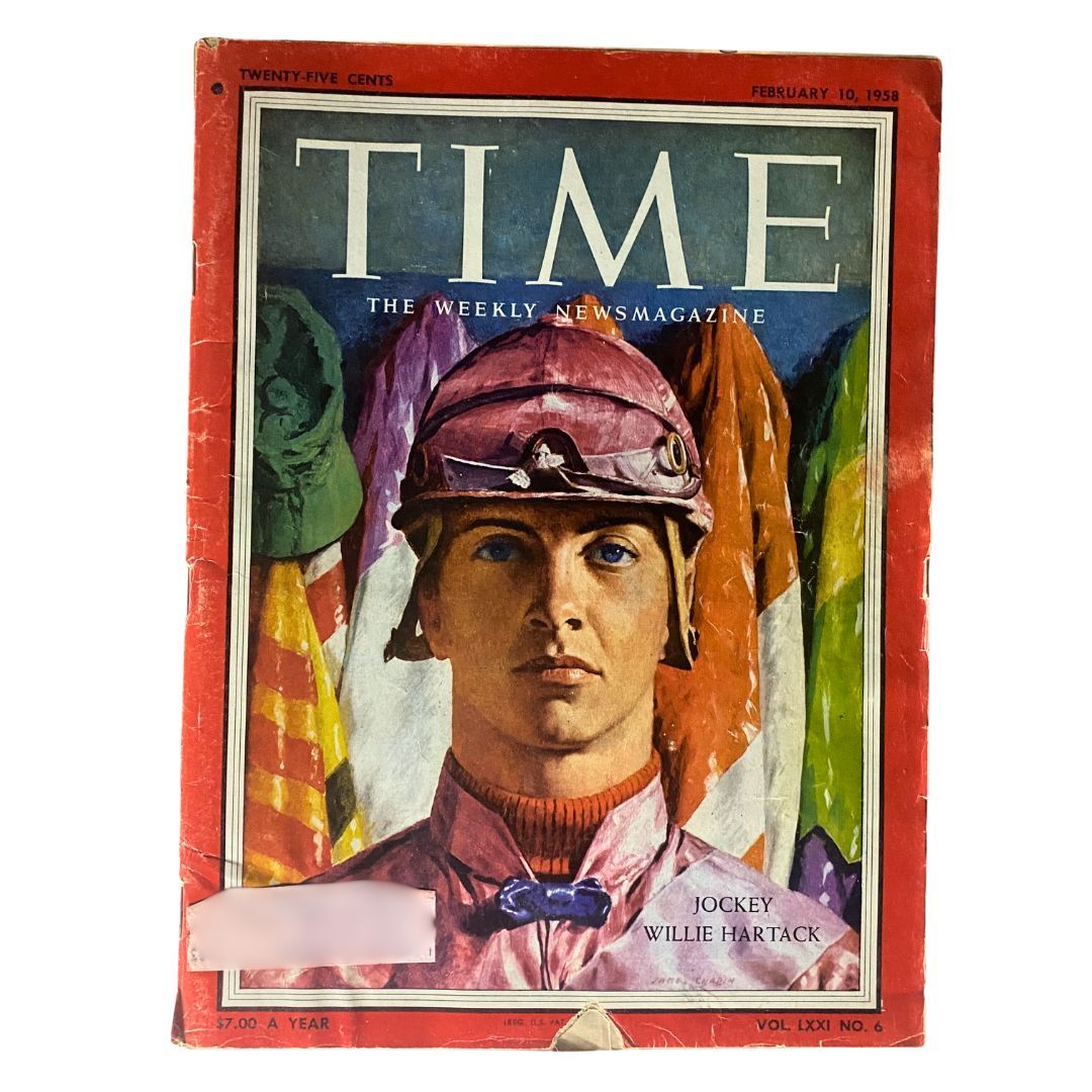 VTG Time Magazine February 10, 1958 featuring jockey Willie Hartack on the cover, showcasing a vintage sports publication with iconic artwork.