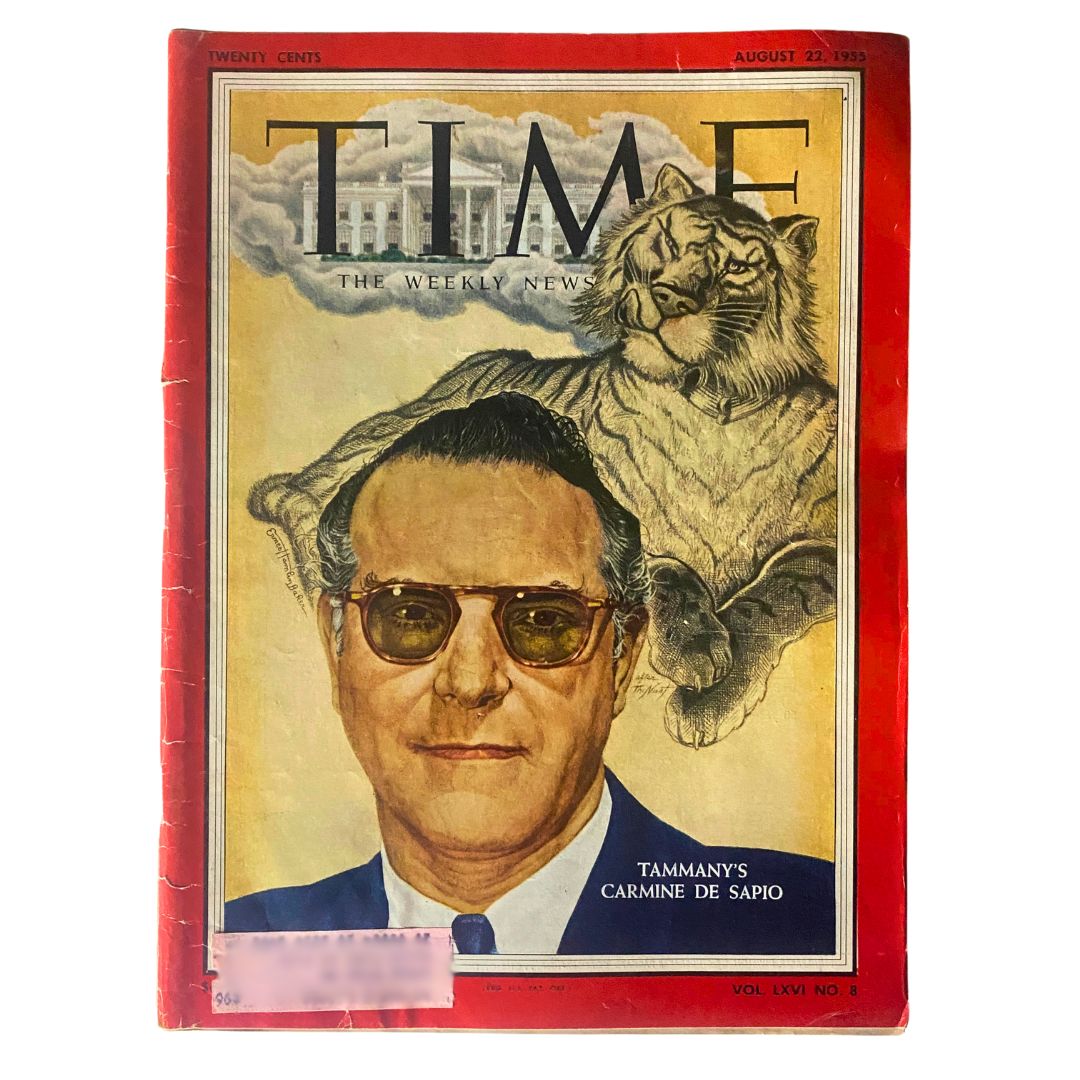 Cover of VTG Time Magazine August 22, 1955 featuring Carmine De Sapio, Volume 61 No. 8, with an illustration of De Sapio and a lion in the background.
