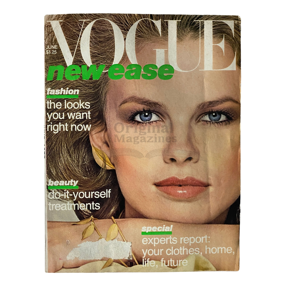 Vogue Magazine June 1977 Lisa Taylor Cover featuring the title 'new ease', with a focus on fashion and beauty. This vintage magazine highlights trends you want right now and includes beauty tips for do-it-yourself treatments.