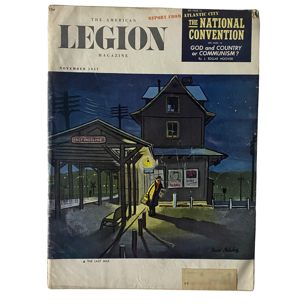 The American Legion Magazine November 1957 cover featuring an illustration depicting a train station at East Endoline with a figure holding a magazine. Highlights the theme 'God and Country - or Communism?' by J. Edgar Hoover.