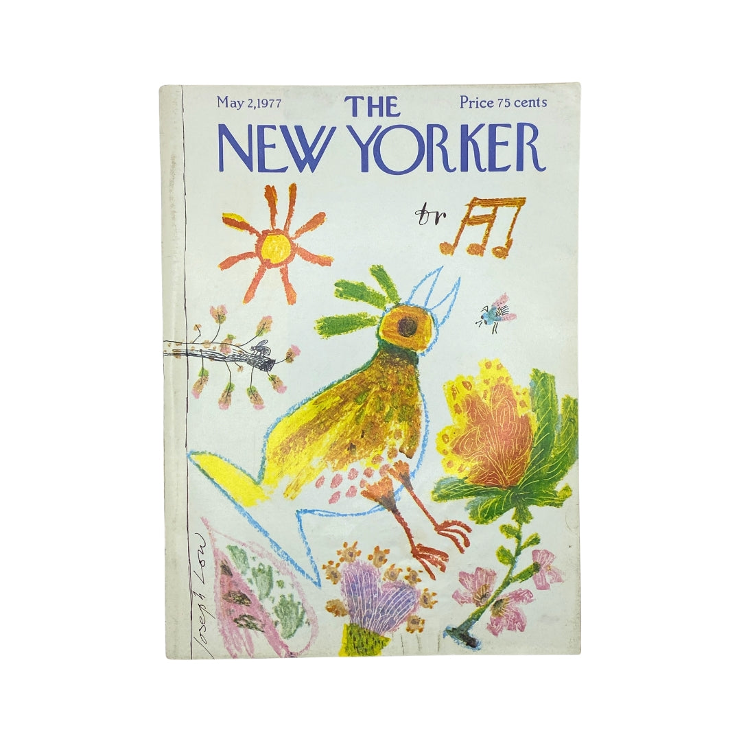 Cover of The New Yorker magazine dated May 2, 1977, featuring colorful artwork by Joseph Low, showcasing a vibrant bird and floral designs.