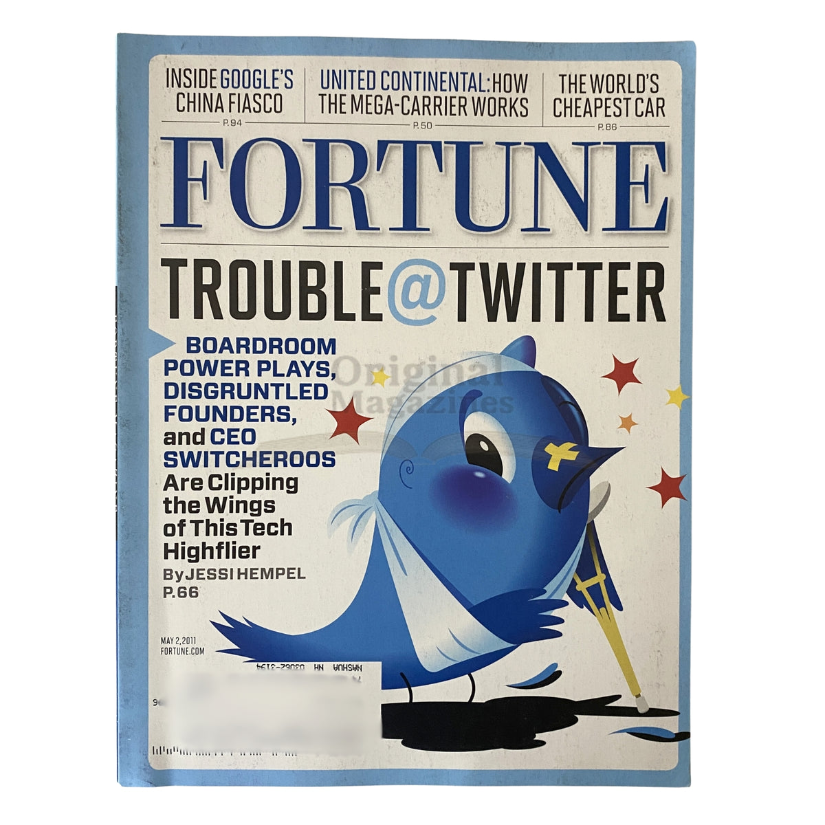 Fortune Magazine May 2, 2011 cover featuring the headline Trouble @Twitter discussing boardroom power plays at Twitter, featuring a stylized blue bird graphic.