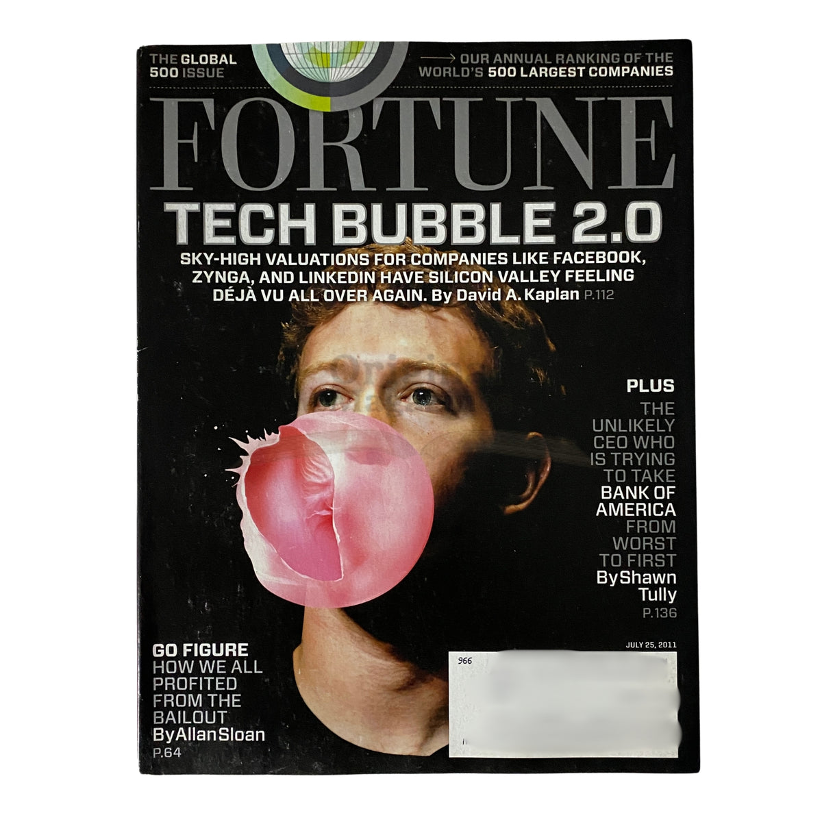 Cover of Fortune Magazine dated July 25, 2011, featuring Facebook CEO Mark Zuckerberg and the headline 'Tech Bubble 2.0.' This vintage magazine explores high valuations in the tech sector, including companies like Facebook and Zynga.