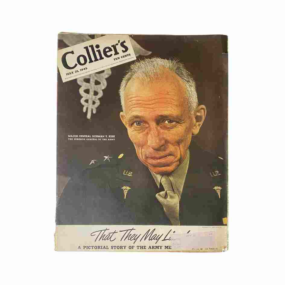 Cover of Collier's Magazine July 21, 1945 featuring Major General Norman T. Kirk, showcasing a historical design by Jerry Cooke-Pix.