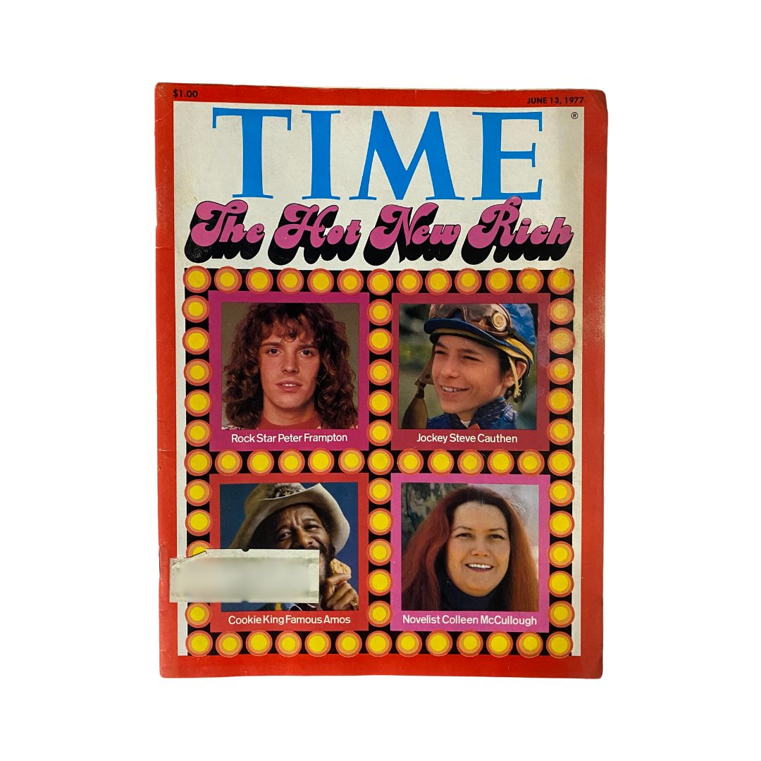 VTG Time Magazine June 13, 1977 cover featuring Rock Star Peter Frampton, Jockey Steve Cauthen, Cookie King Famous Amos, and Novelist Colleen McCullough.