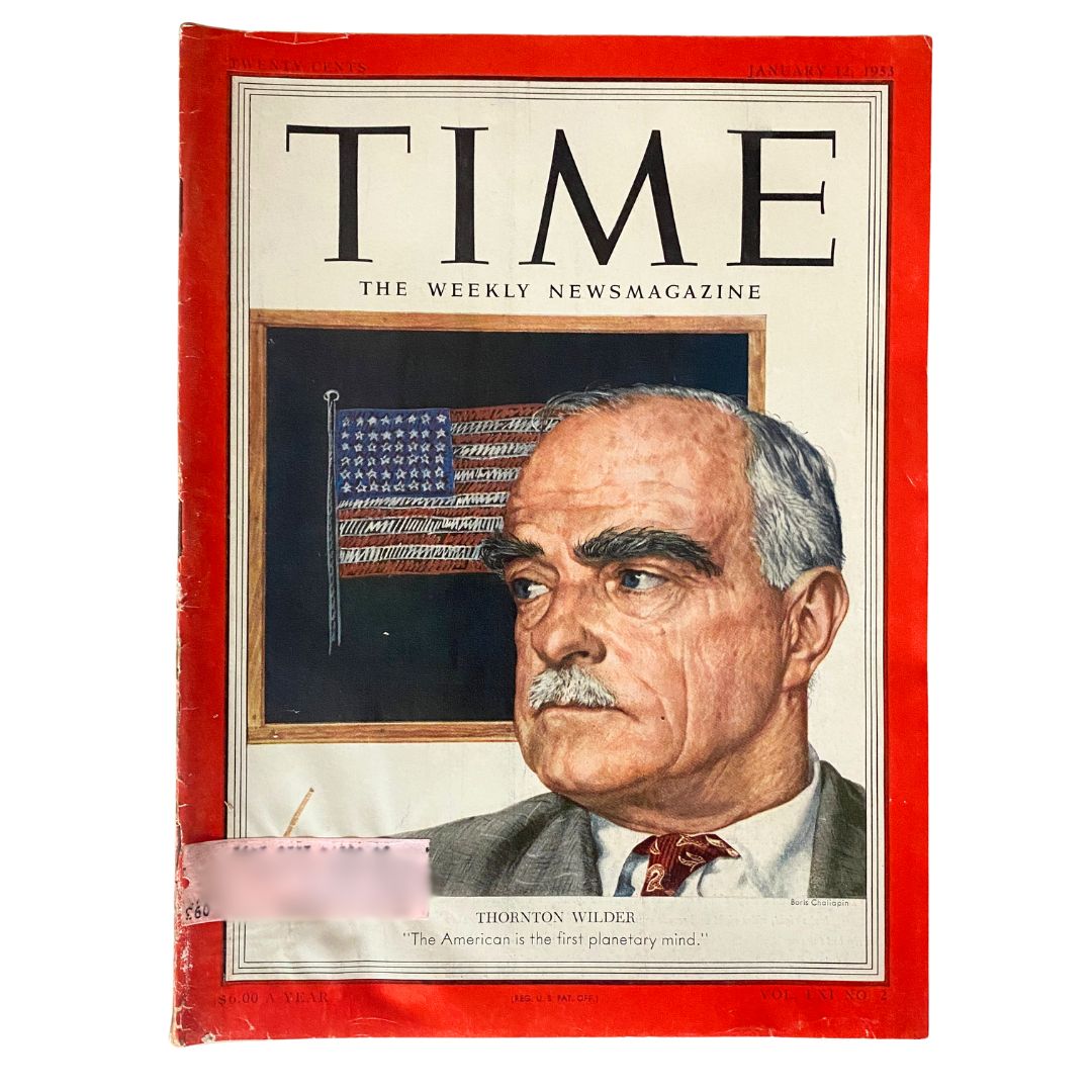 VTG Time Magazine January 12, 1953 Vol 61 No. 2 cover featuring Thornton Wilder, showcasing a portrait of the playwright against a backdrop of the American flag.