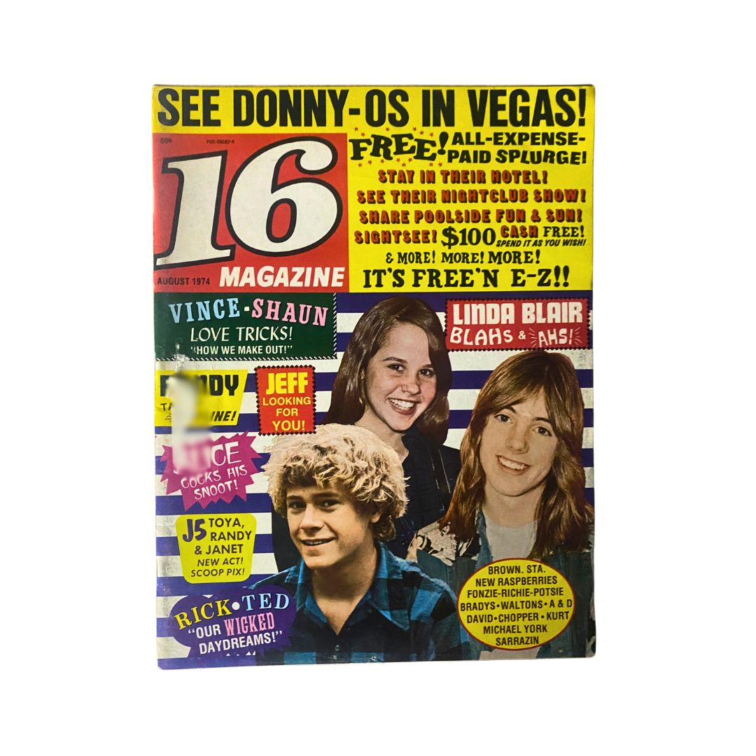 16 Magazine August 1974 featuring Shaun Cassidy and Randy Mantooth on the cover with colorful promotional text.