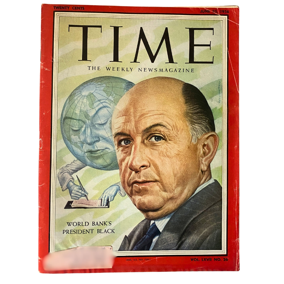 VTG Time Magazine June 25, 1956 Vol 67 No. 26 featuring Eugene R. Black Sr. on the cover, showcasing a portrait of Black alongside a graphic illustration of the globe.