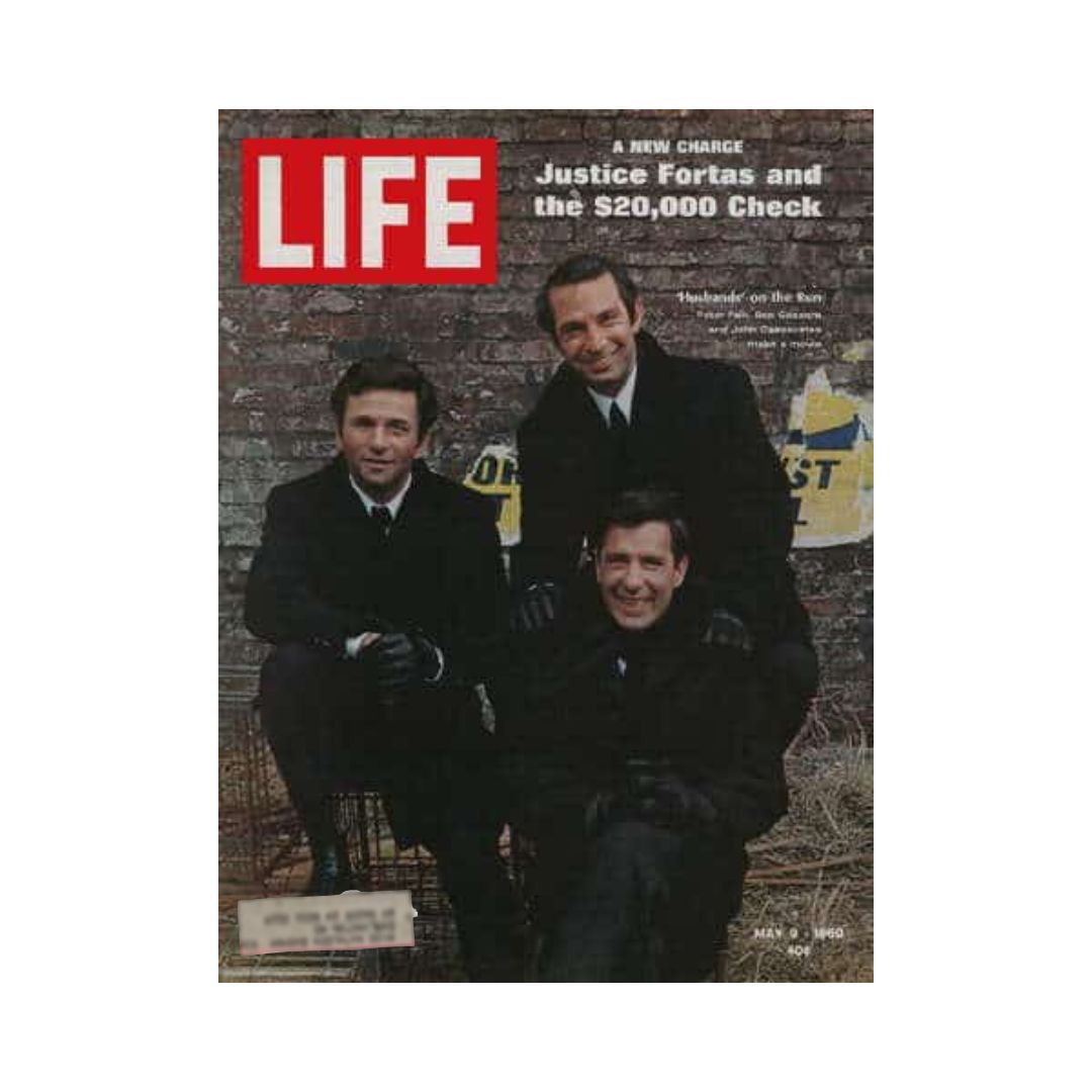 Life Magazine cover from May 9, 1969 featuring actors Peter Falk, Ben Gazzara, and John Cassavetes, showcasing their impact on cinema with the title 'Life' prominently displayed.
