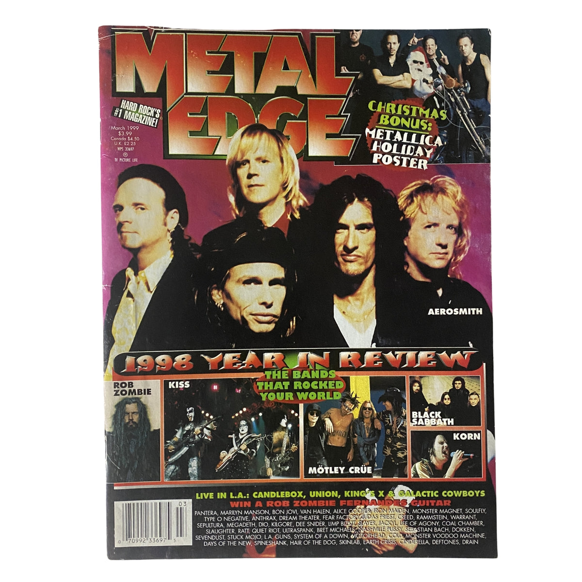 March 1999 issue of Metal Edge Magazine featuring a cover with Aerosmith, KISS, Mötley Crüe, and Black Sabbath. The cover highlights the theme '1998 Year in Review' along with key popular music acts and a Christmas poster bonus.