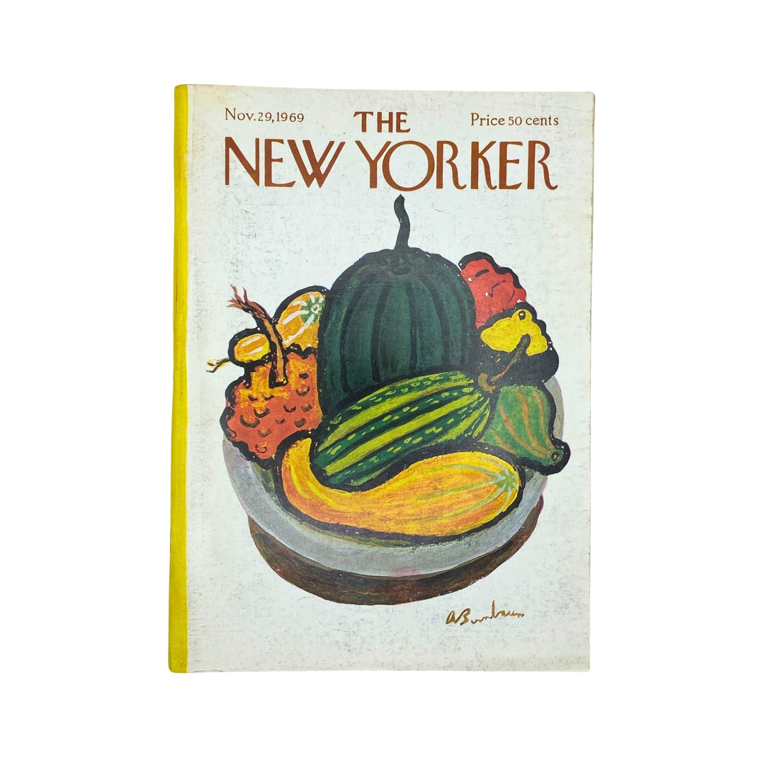 The New Yorker Complete Magazine November 29, 1969 featuring Abe Birnbaum's cover art with a bowl of various fruits and vegetables, showcasing vibrant colors and a unique artistic style.