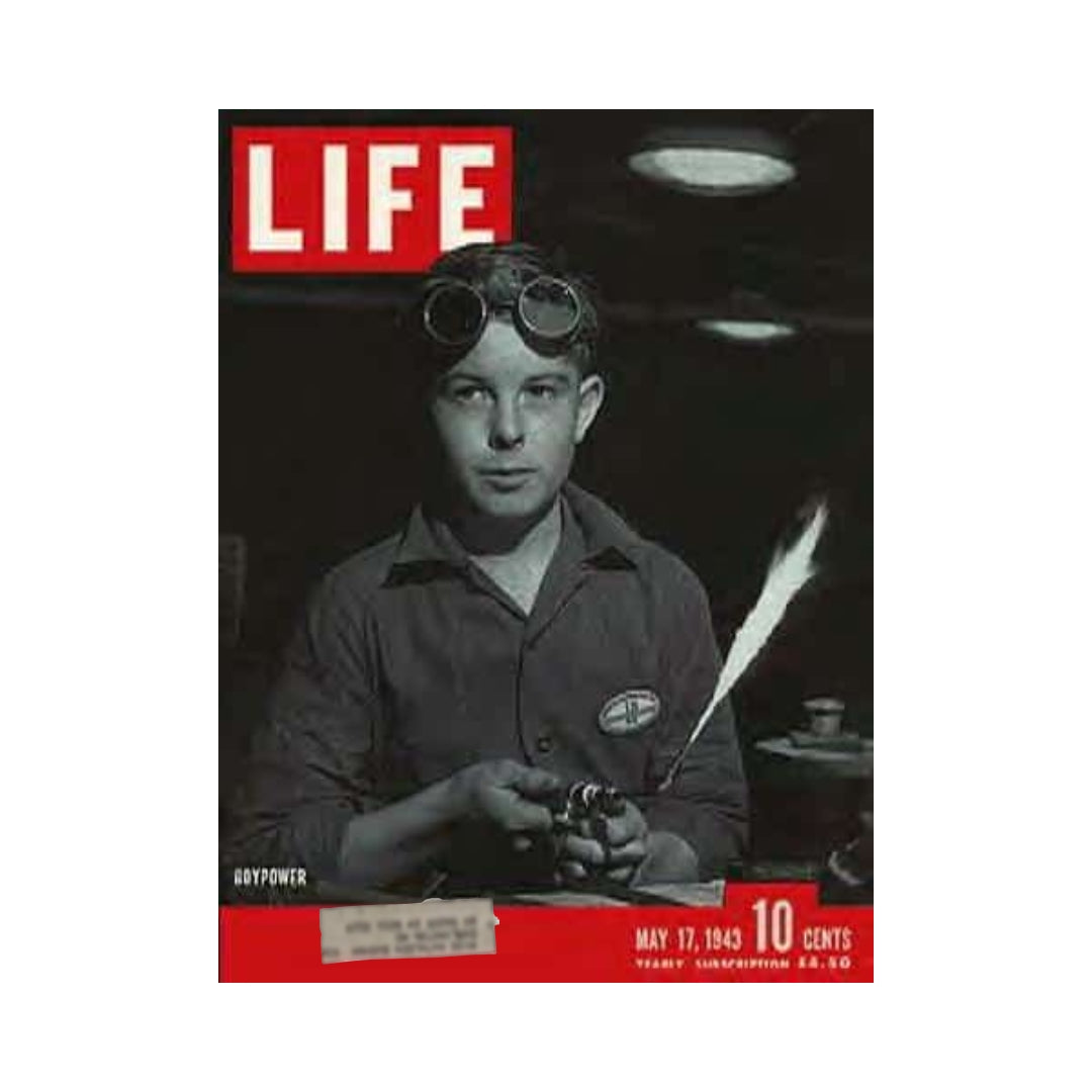 Cover of VTG Life Magazine from May 17, 1943 featuring 'Industry Boypower'. The image showcases a young boy in a workshop setting, wearing goggles and holding a metal object.
