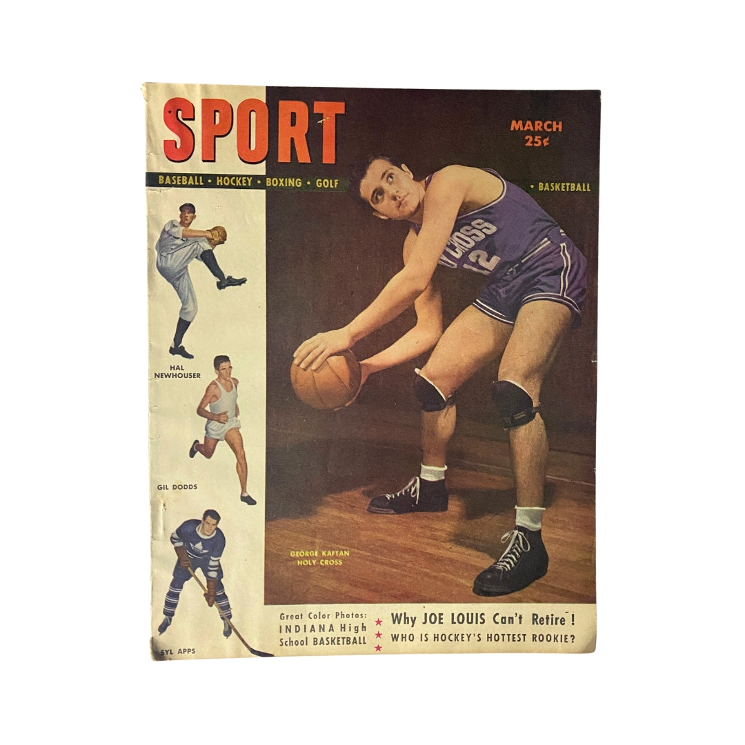 Sport Magazine March 1948 cover featuring basketball player George Kaftan, Hal Newhouser, and Gil Dodds, showcasing mid-century sports culture.