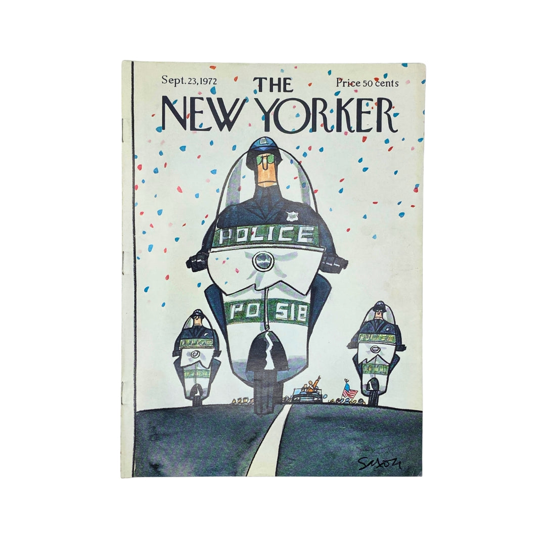 Cover of The New Yorker Complete Magazine September 23, 1972 featuring a Charles Saxon illustration of police motorcycles and festive confetti.