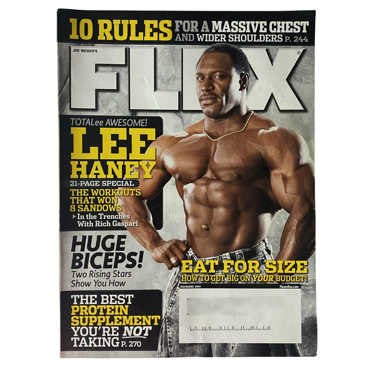 Flex Magazine November 2007 featuring Lee Haney on the cover, showcasing his muscular physique with a headline about massive chest and shoulder workouts.