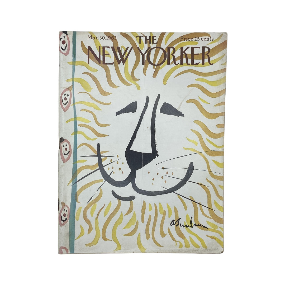 Cover of The New Yorker magazine dated March 30, 1963, featuring an illustration of a smiling lion by artist Abe Birnbaum, with vibrant yellow and tan colors.