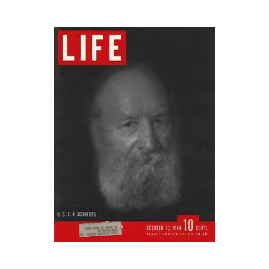 Cover of VTG Life Magazine from October 23, 1944, featuring Soviet scientists, including Alexei Krylov, highlighting significant contributions to science during World War II.