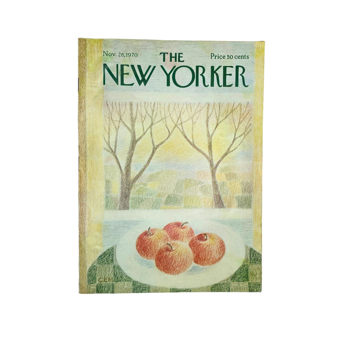 The New Yorker Complete Magazine November 28, 1970 cover illustration by Charles E. Martin featuring apples on a plate with bare trees in the background.