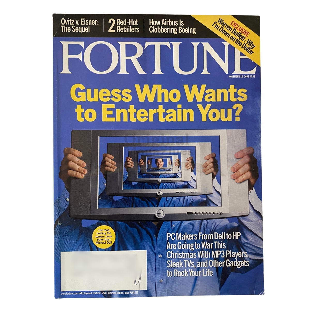 Cover of Fortune Magazine dated November 10, 2003 featuring Michael Dell, showcasing a visual of multiple screens reflecting technology products, with a headline about competition among PC makers.