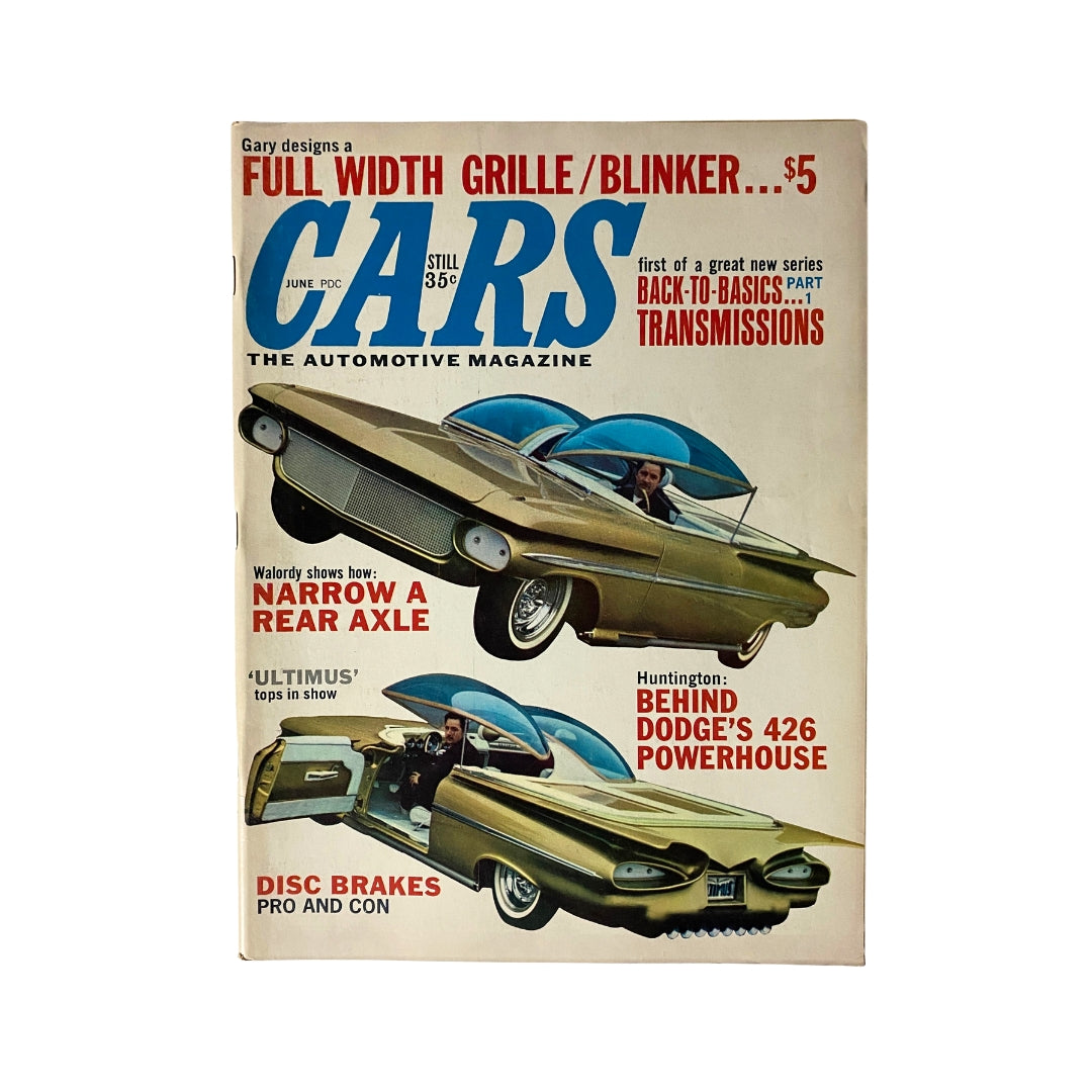Cover of VTG Cars Magazine June 1963 featuring unique automotive designs including topics like Dodge's 426 Powerhouse, full-width grille/blinker, and disc brakes.