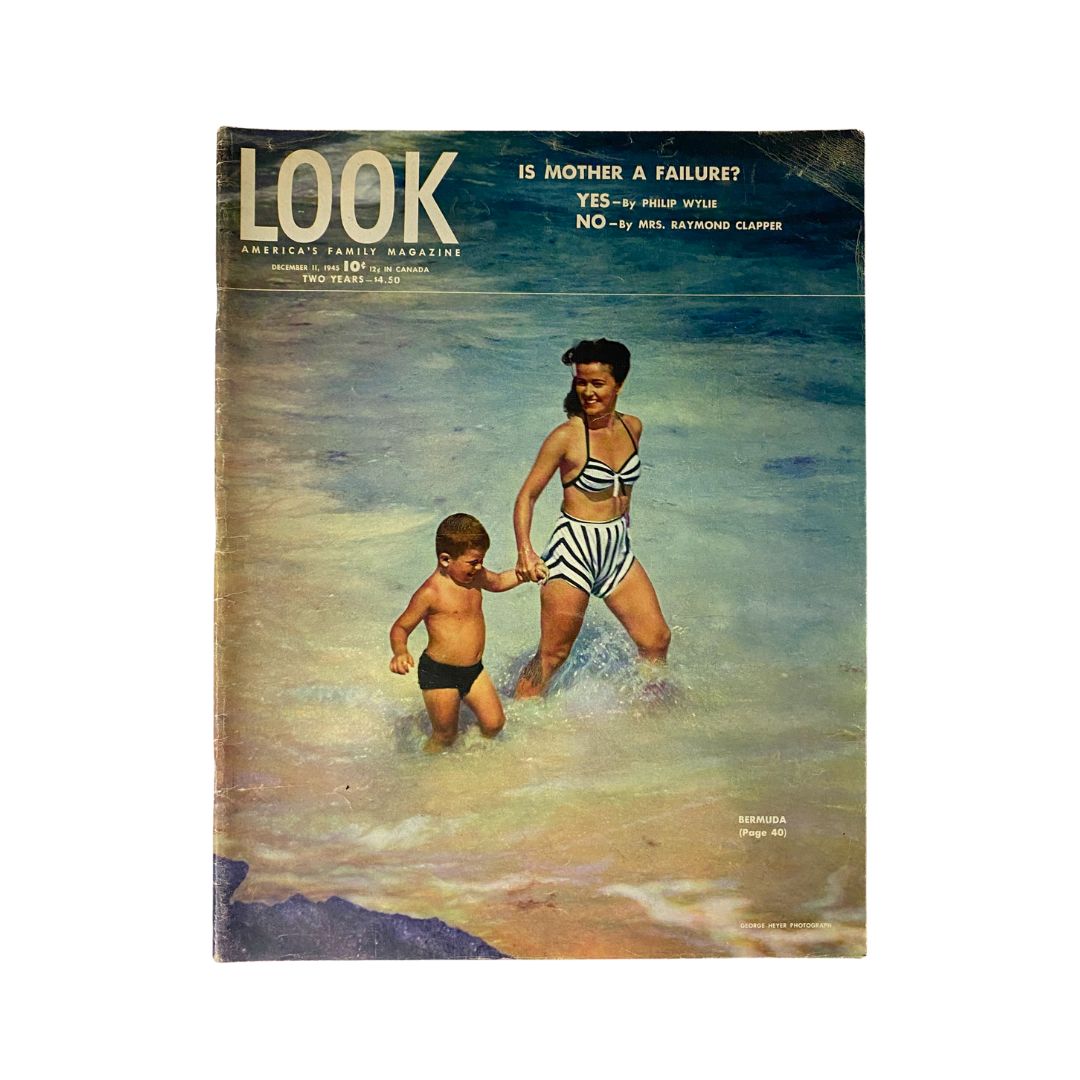 Look Magazine December 11, 1945 cover featuring a mother and child in beach attire walking in shallow water, with the headline 'Is Mother A Failure? Yes or No' by Philip Wylie and Mrs. Raymond Clapper.
