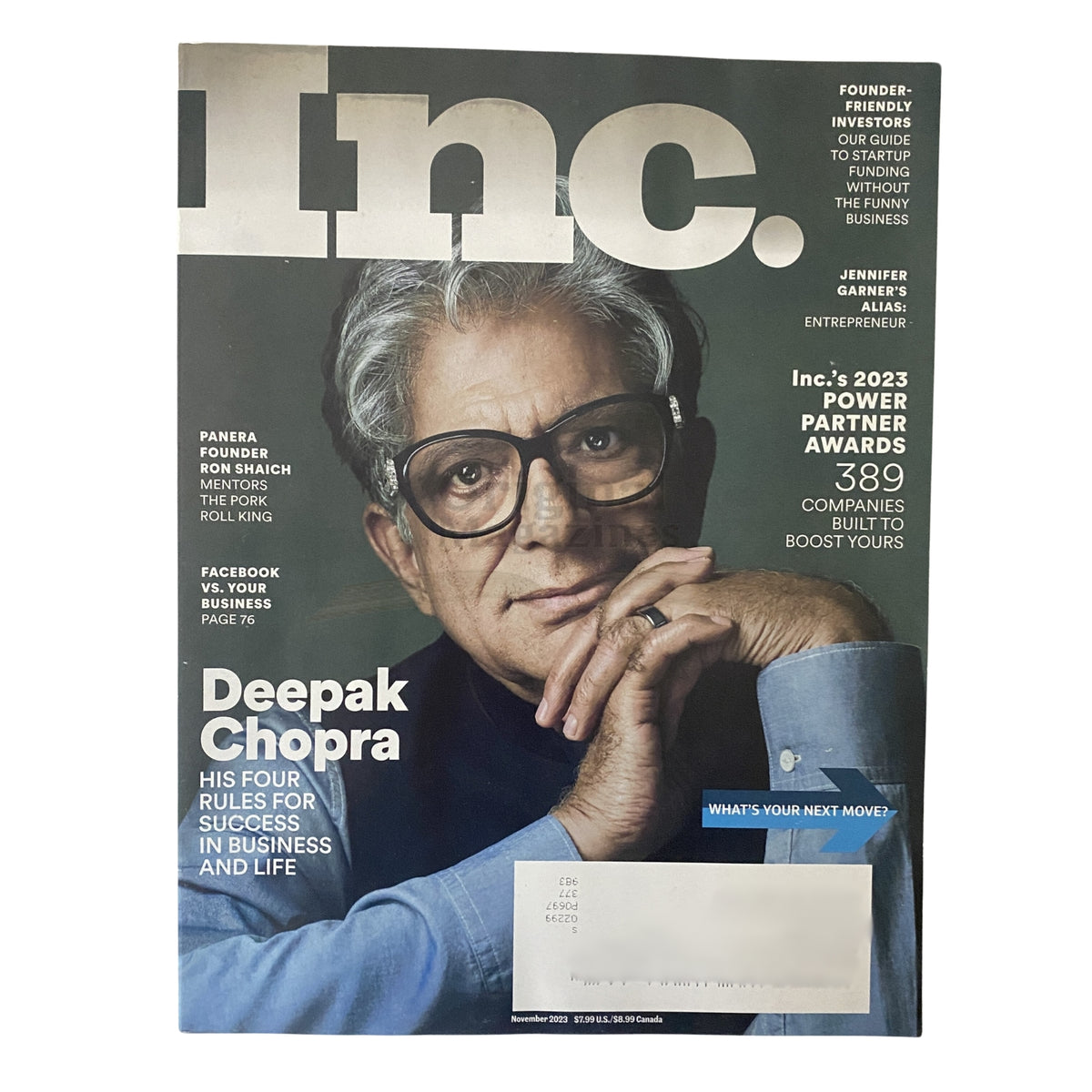 Inc. Magazine November 2023 cover featuring Deepak Chopra, highlighting his four rules for success in business and life alongside Ron Shaich, founder of Panera.
