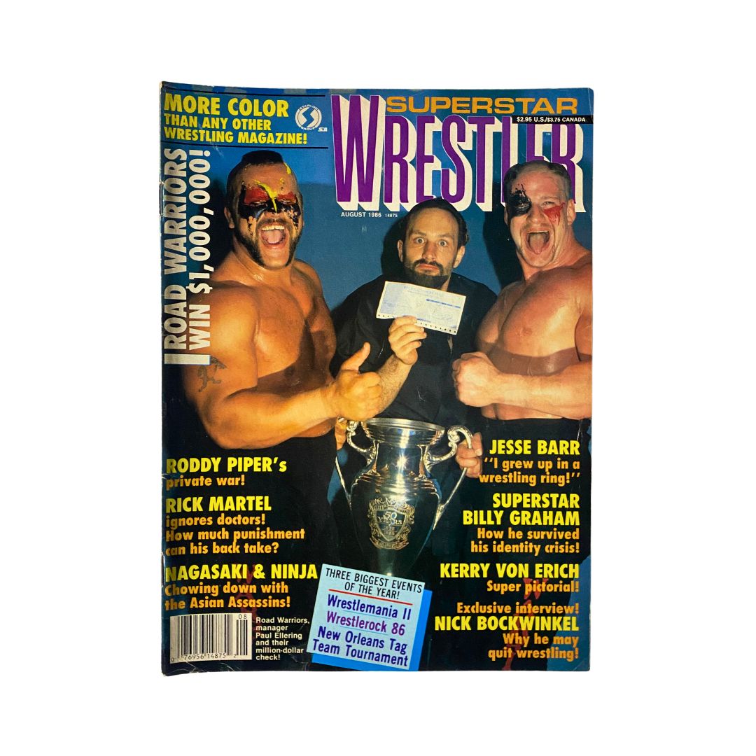 Cover of the Superstar Wrestler Magazine August 1986 featuring Roddy Piper, the Road Warriors, and Jesse Barr, showcasing articles and a vibrant poster for wrestling fans.