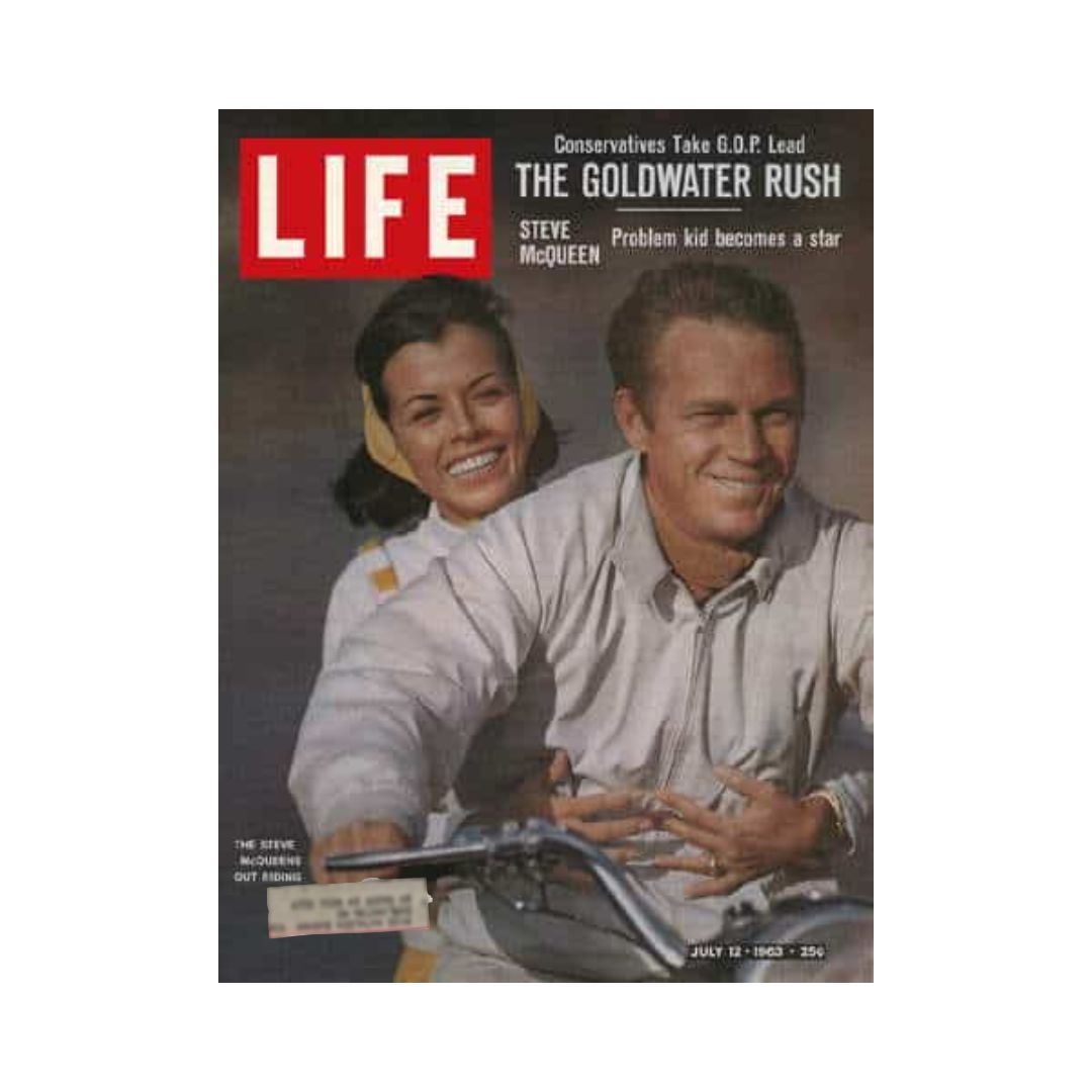 Cover of VTG Life Magazine from July 12, 1963 featuring Steve McQueen and his wife Neile, highlighting the theme 'The Goldwater Rush' and a feature on McQueen's rise to stardom.