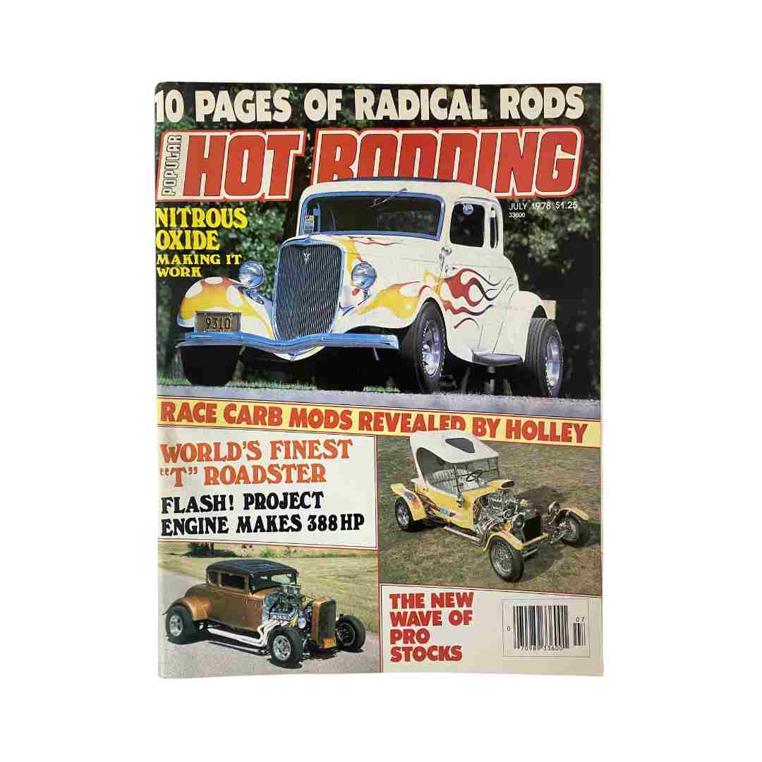 Cover of Popular Hot Rodding Magazine July 1978 featuring a vintage hot rod with flames and articles on nitrous oxide systems and performance enhancements.